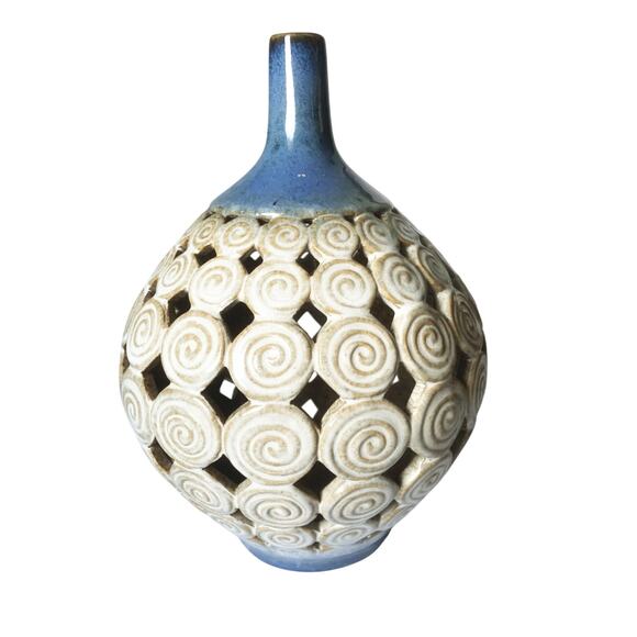 Pottery Vase Beige Blue Swirl Pattern with Lattice Cutout 10" High x 7" Wide - Picture 3 of 8